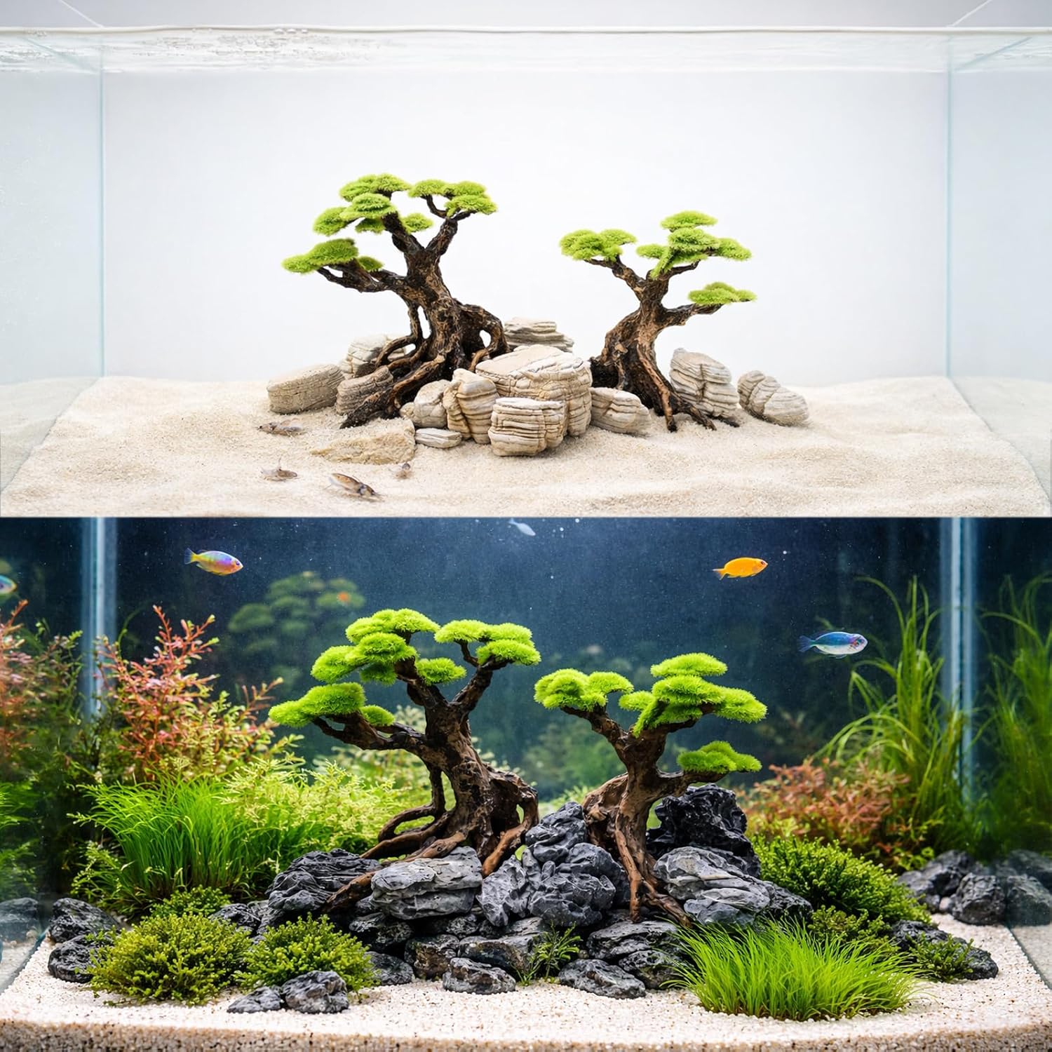 Fish Tank Decor Aquarium Bonsai Tree Resin Ornament with Faux Moss Aquascaping Decoration Artificial Landscape Centerpiece Safe & Fade-Resistant for Betta Shrimp Goldfish