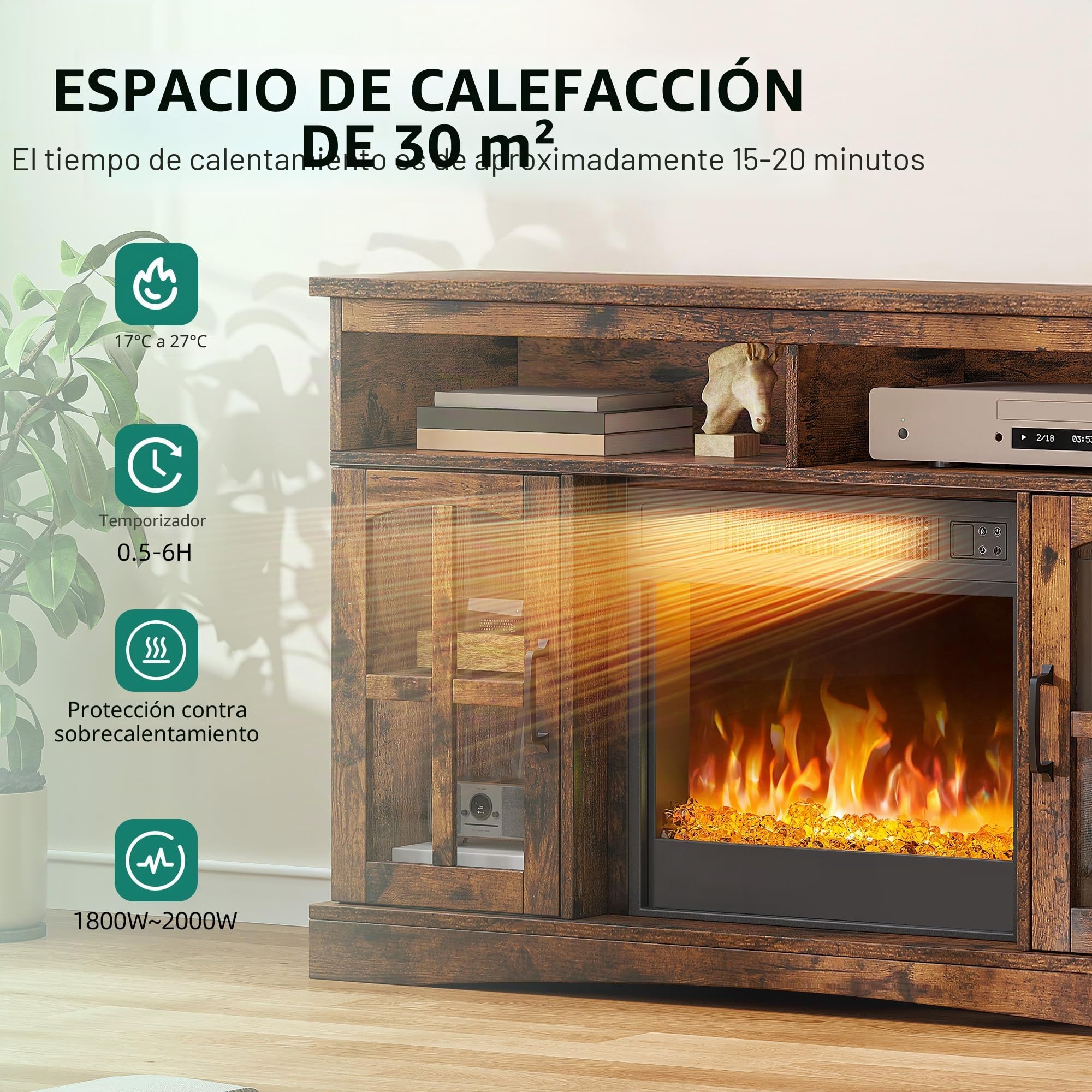 YITAHOME Chimenea eléctrica con calefacción, Chimenea eléctrica para la Sala de Estar con Efecto de Llama, Llama Ajustable, Temporizador de 1-8 Horas, protección contra sobrecalentamiento, función de