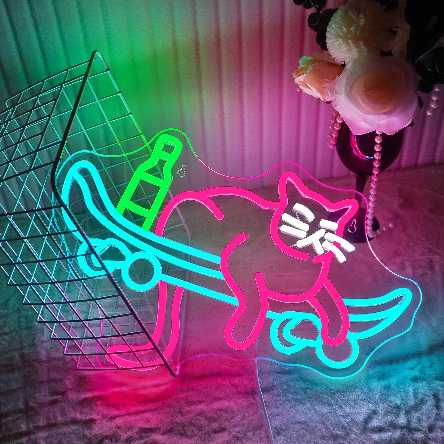 Horseneon Drinking Skateboard Cat Neon Light Sign Skateboard Cat Neon Sign Drink Cats Neon Light USB Dimmer Light Sign Led Neons Sign Wall Light Kids Room Living Room Bar - Image 2