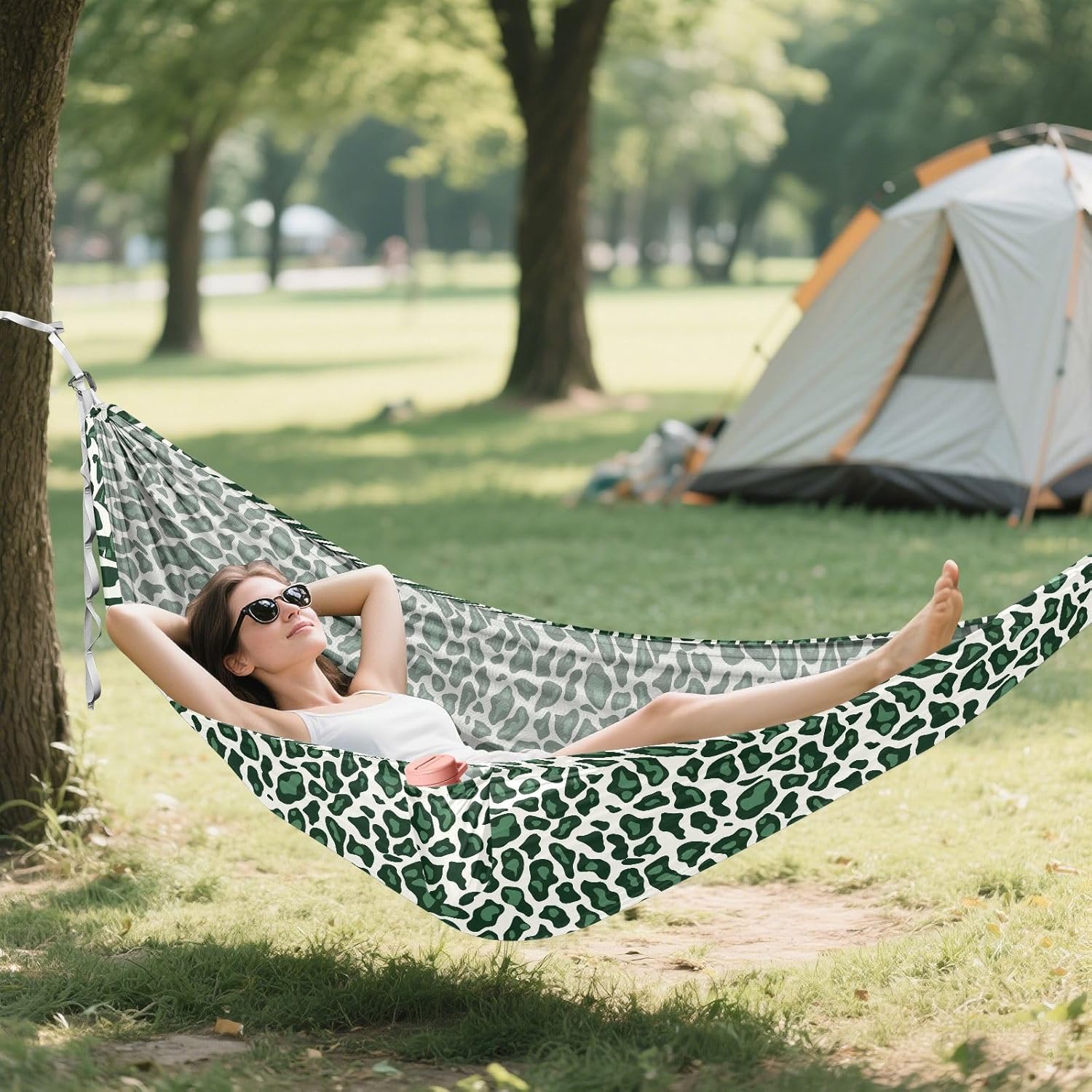ALAZA Green Leopard Print Camping Hammocks Single or 2 Person 500 lbs Portable Parachute Travel Hammock w/Tree Straps for Hiking Backpacking Indoor Outdoor