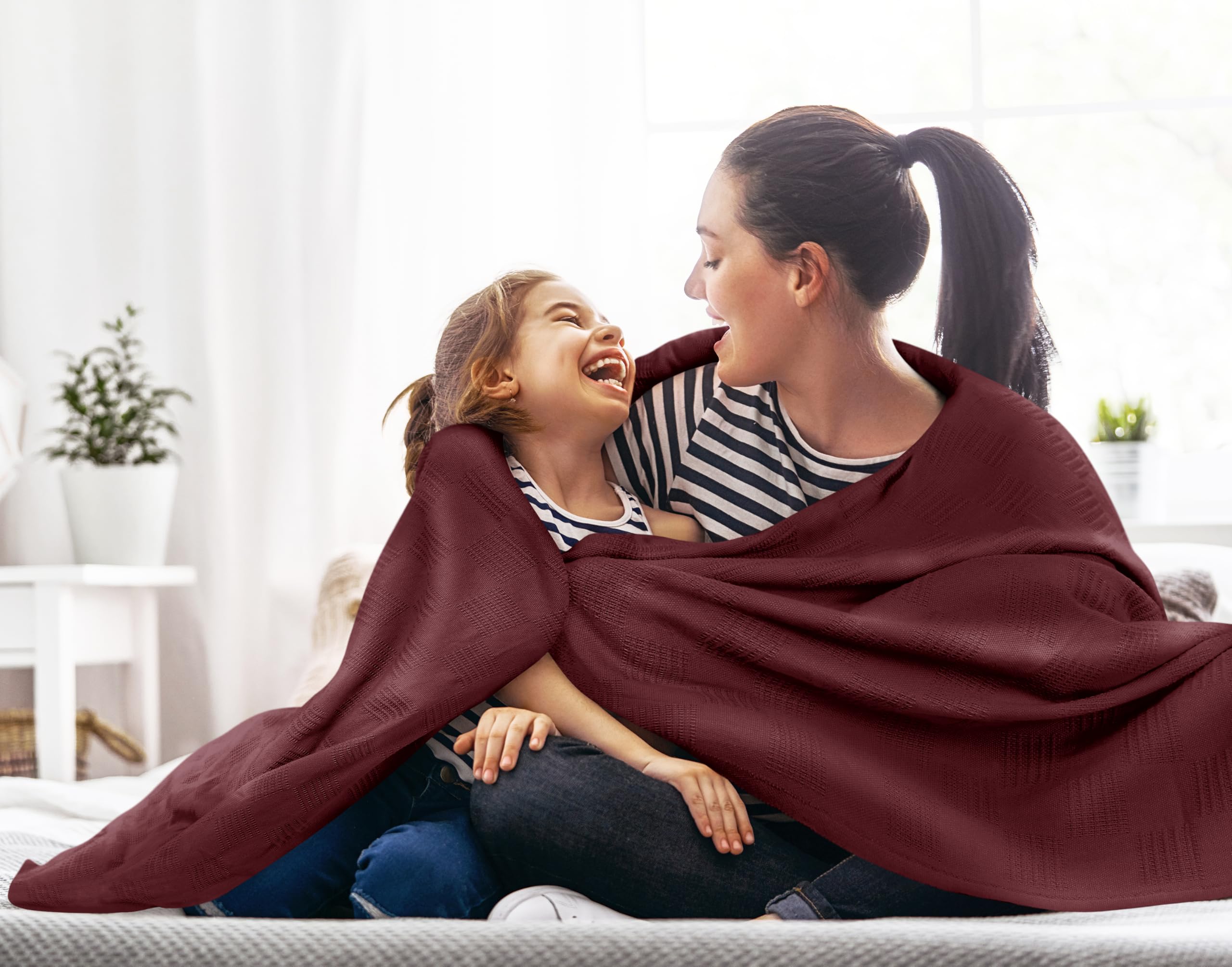 Utopia Bedding 100% bawełniany koc (rozmiar queen size, 228 x 228 cm), 350 g/m², lekki koc termiczny, miękki, oddychający, na wszystkie pory roku, bordowy