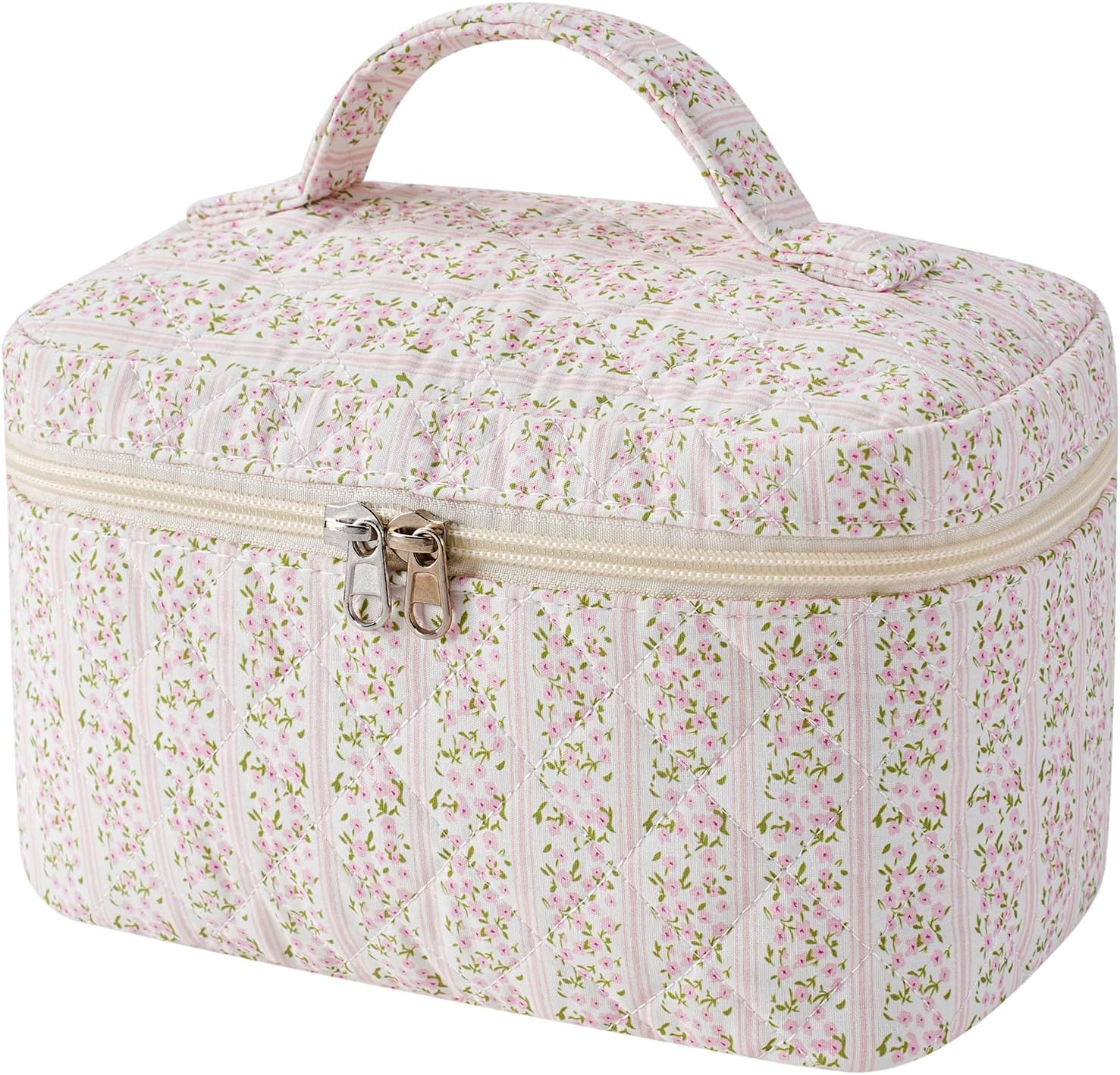 Small Size Travel Quilted Makeup Bag,Mini Top Open Floral Cotton Cosmetic Bag,Coquette Aestheic Toiletry Organizer Bag for Women Girls(05Striated Pinkflower)