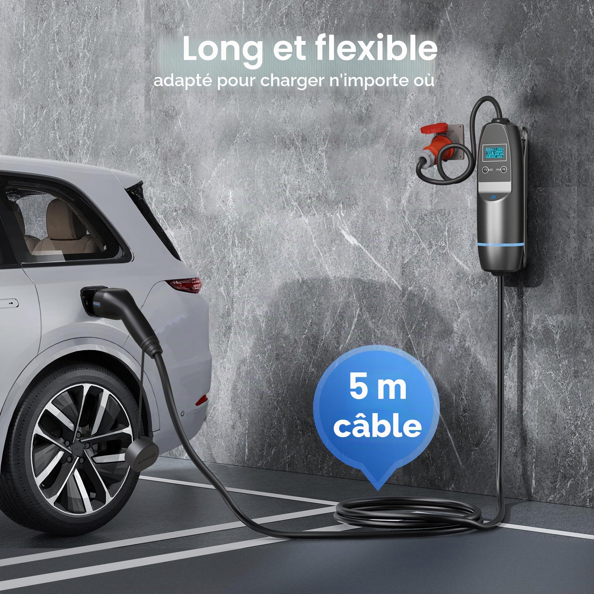 Câble de Recharge Voiture Electrique Type 2 32A 1 Phase 7,4 KW Câble Recharge Type 2 pour Véhicules Hybrides et électriques (IEC 62196-2), Cable Charge Voiture Type 2 de Type 2 (5mètres)