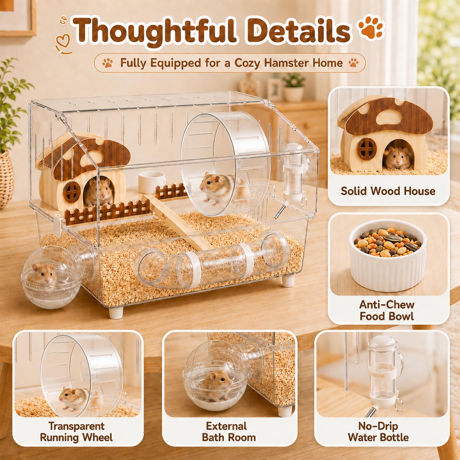 Grande cage à hamster en acrylique avec accessoires, habitat pour hamster à 2 couches avec roue d'exercice, tunnel et plate-forme, cage à souris transparente pour hamsters nains, gerbilles et petits