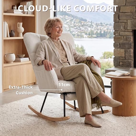 DEKKETO Teddy Nursing Rocking Chair with Footstool and Side Pocket, Ivory | Smooth Rocking Motion, High-density Foam, Metal Frame, Wooden Base, 50 cm Seat Height, 136 kg Capacity