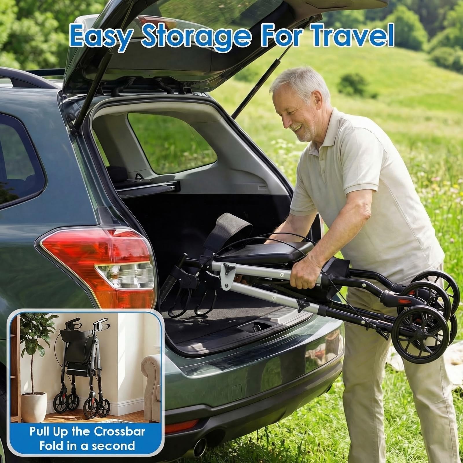 Andador para Ancianos, 4 Ruedas Andadores Adultos Plegable con Asiento | para Todo Terreno, Regulable en Altura Asiento y Mango de Altura, Frenos Manuales y Bloqueables, con Bolsa de Almacenamiento
