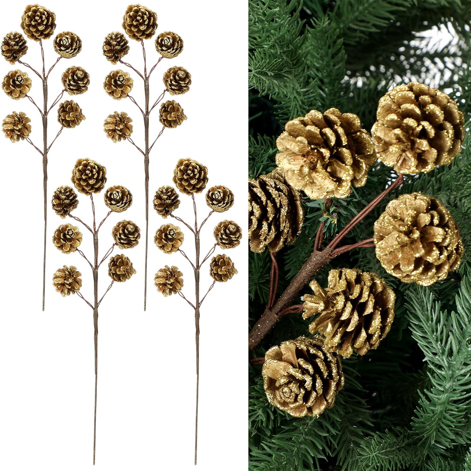 XunYee クリスマスパインコーン デコレーションピック ゴールドグリッター パインコーン クラフト用 ワイヤー入りピック松ぼっく