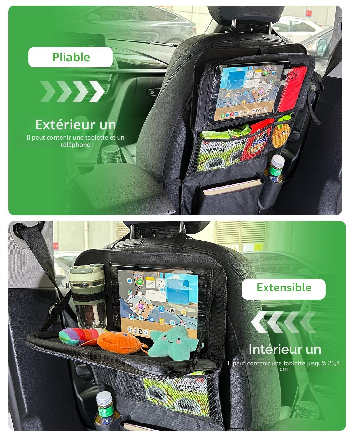 Lot de 2 organisateurs de siège de voiture, grande protection de dossier et sac de rangement étanche multifonction pour enfants, protection de siège avec table pliante, poche pour tablette