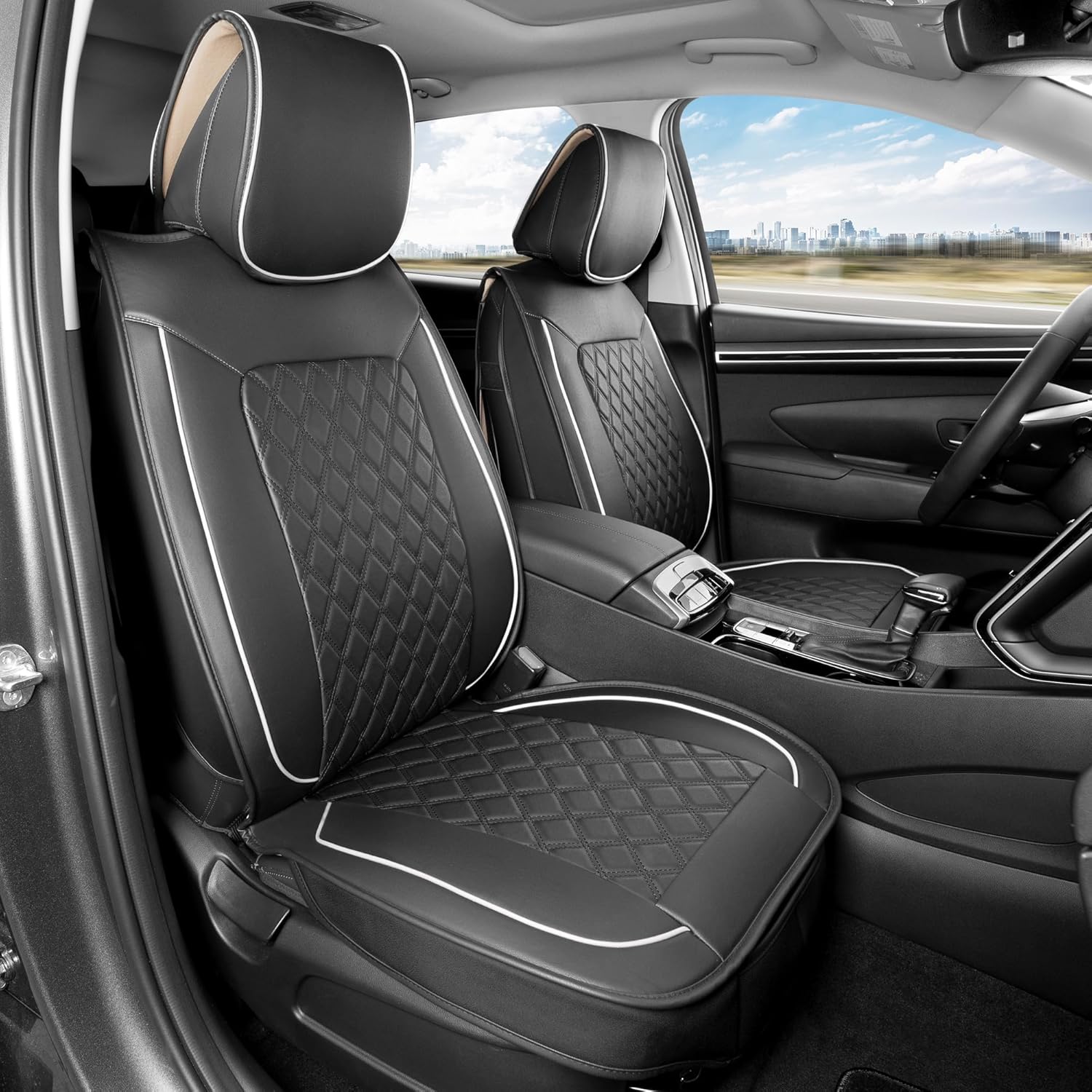 MotorBox Faux Leather Front Seat Covers – 2-Piece Set for Cars, Trucks & SUVs – Semi-Universal Fit, Napa Style Cushion with Interior Protector – Stylish, Durable, Easy to Install