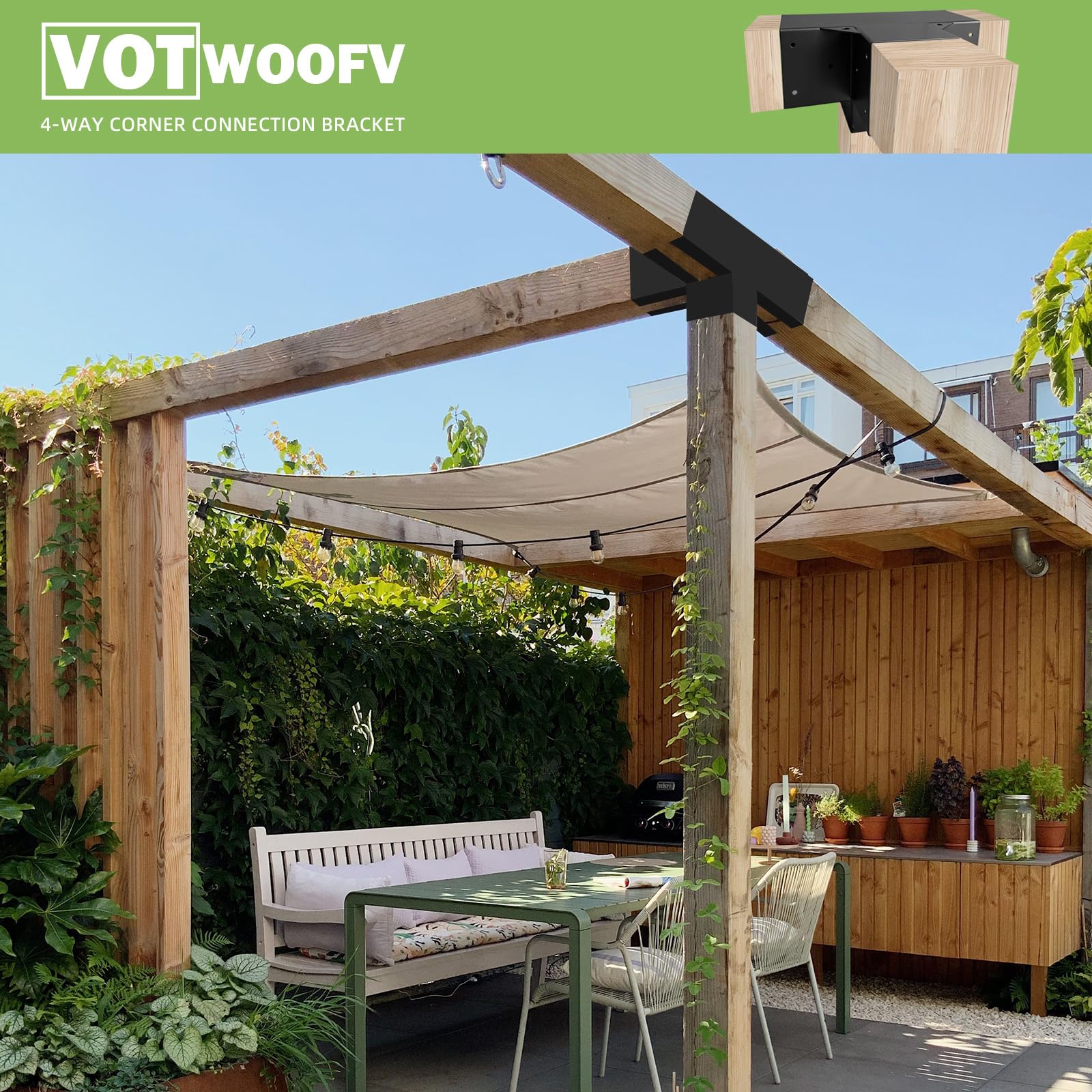 2 staffe angolari a 4 vie, kit fai da te per pergola per lavori in legno per 10,2 x 15,2 cm (effettivo: 14 x 14 cm), staffe per gazebo resistenti per padiglione, poch, capanna di tronchi