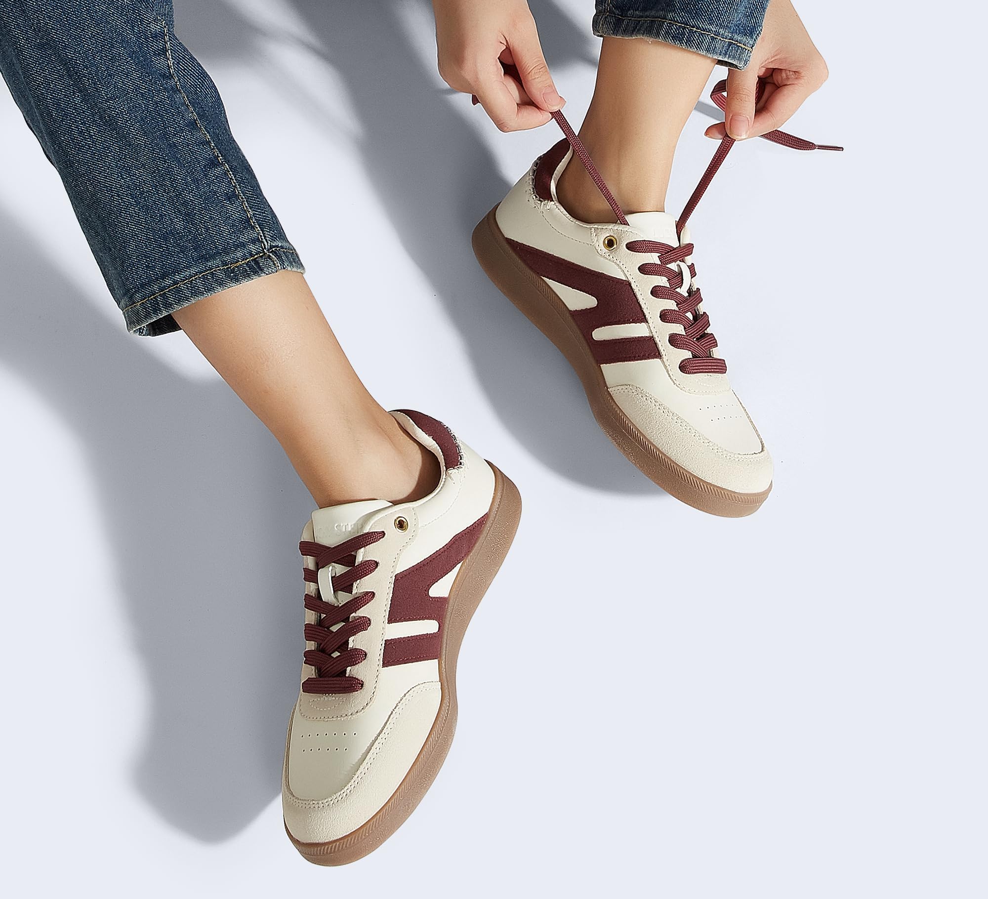 LUCKY STEP Women Classic Retro Gum Sole Fashion Sneakers Casual Tennis Skate Shoe Genuine Leather Walking Footwear Anti Slip Trainers