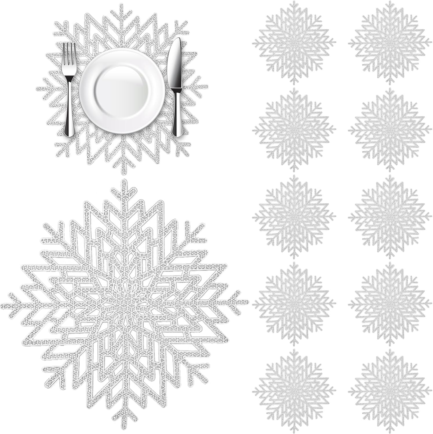 Snowflake Placemats Sets of 12,Silver Hallow-Out Heat-Resistant Table Mats for Christmas,Thanksgiving,Weeding and Party Table Decoration (16x16inch)