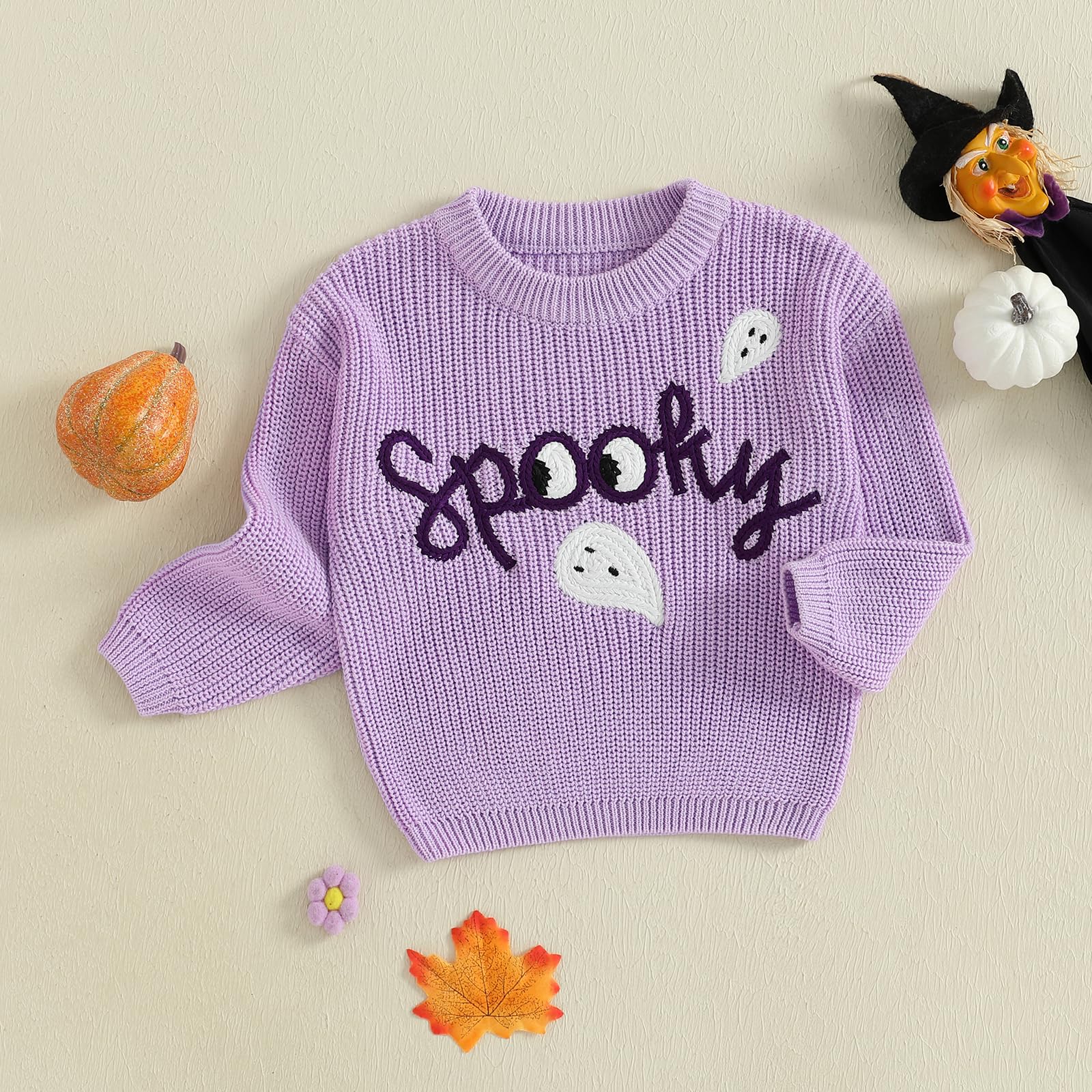 Toddler Girl Ghost Halloween Sweater Embroidery Oversized Long Sleeve Crewneck Pullover Sweaters Baby Spooky Outfit (Purple, 6-12 Months)