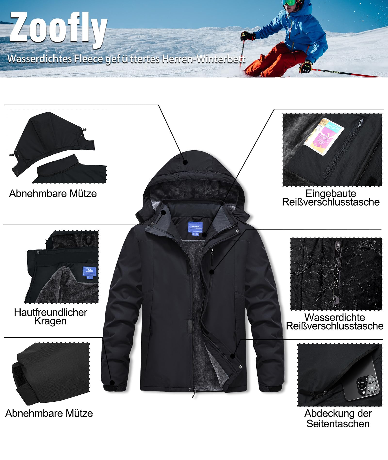 Zoofly Giacca Da Uomo Invernale Impermeabile Montagna Giacca Sci Uomo Attività Traspirante Con Multi-Tasche Calda Cappuccio Cappotto