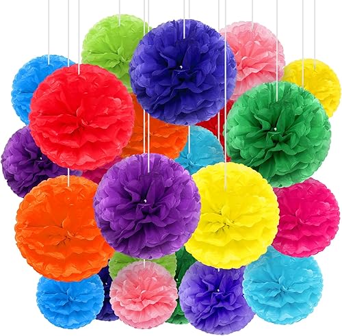 Yeaqee 30 pompones de papel de seda multicolor grandes de 14, 12 y 10 pulgadas, flores de papel de seda grandes colgantes de arco iris, decoración