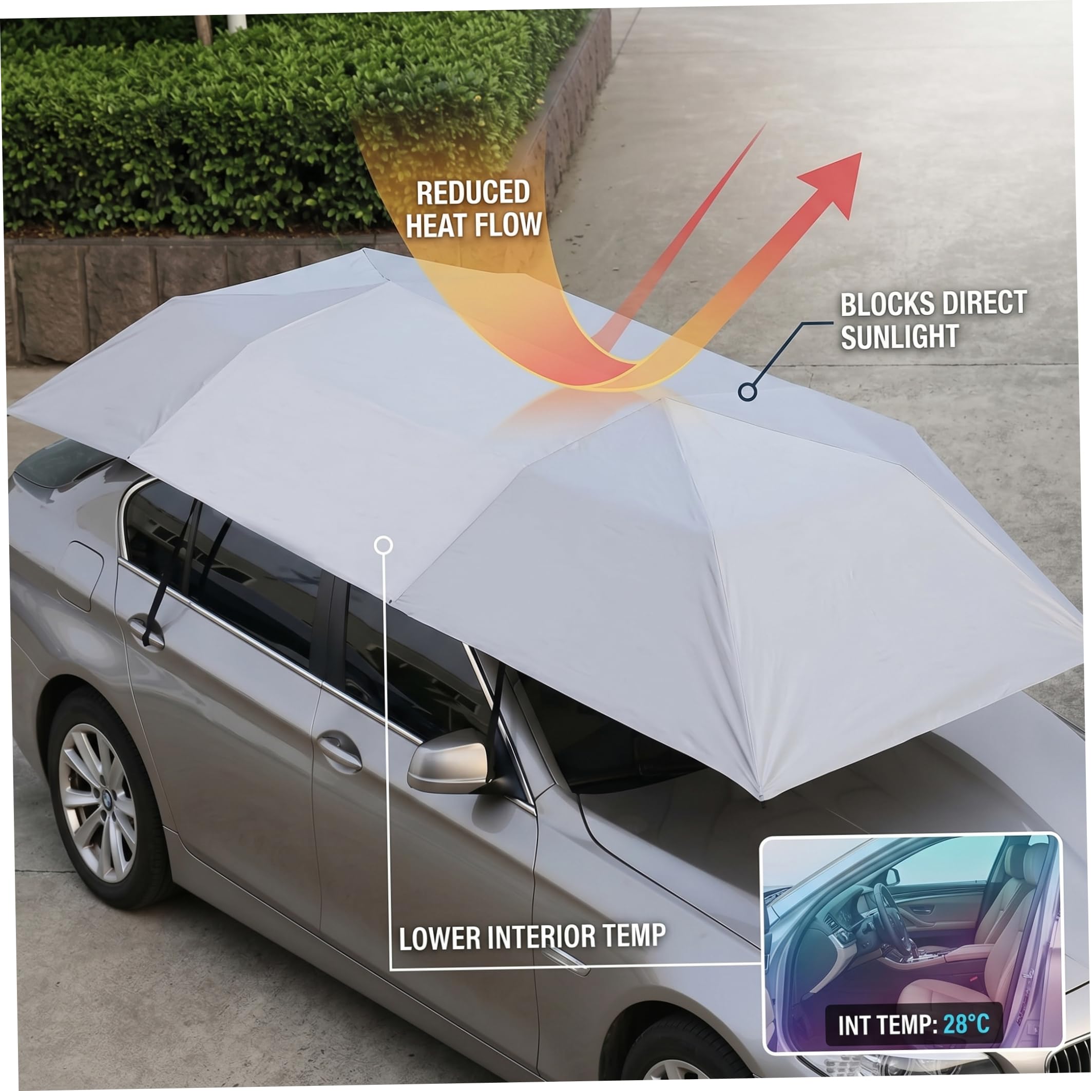 Ombrello per auto|Ombrello per auto, tettuccio parasole portatile sostituibile, copertura impermeabile per sole e pioggia, argento, 157x83 pollici