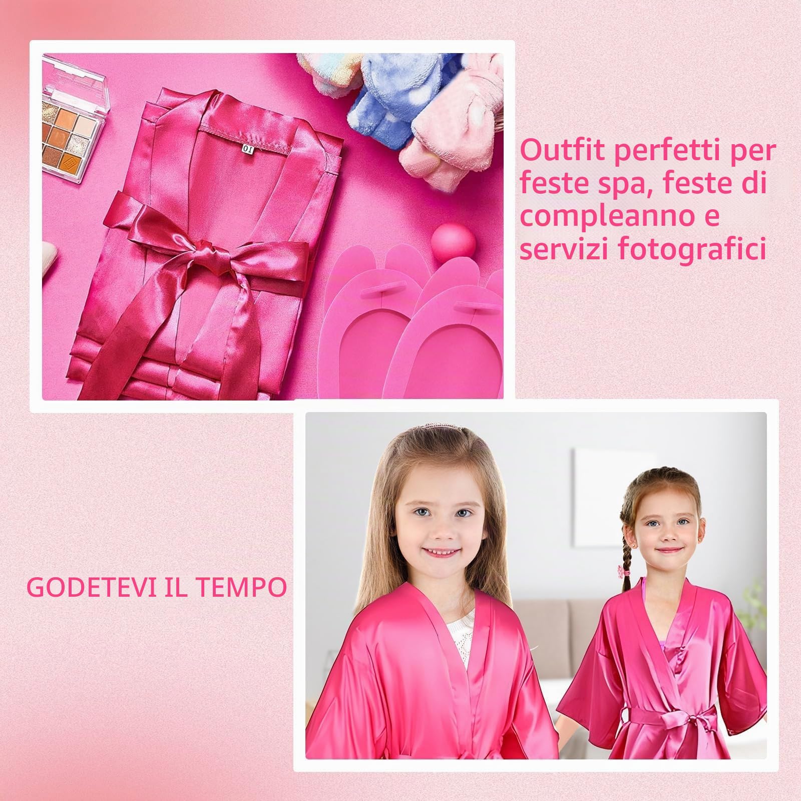 MSYU 30 articoli per feste spa per ragazze, 6 accappatoi in raso, 6 pantofole per bambini, pigiama party, compleanno, spa, bomboniere, taglia 8, rosa rosso, rosa