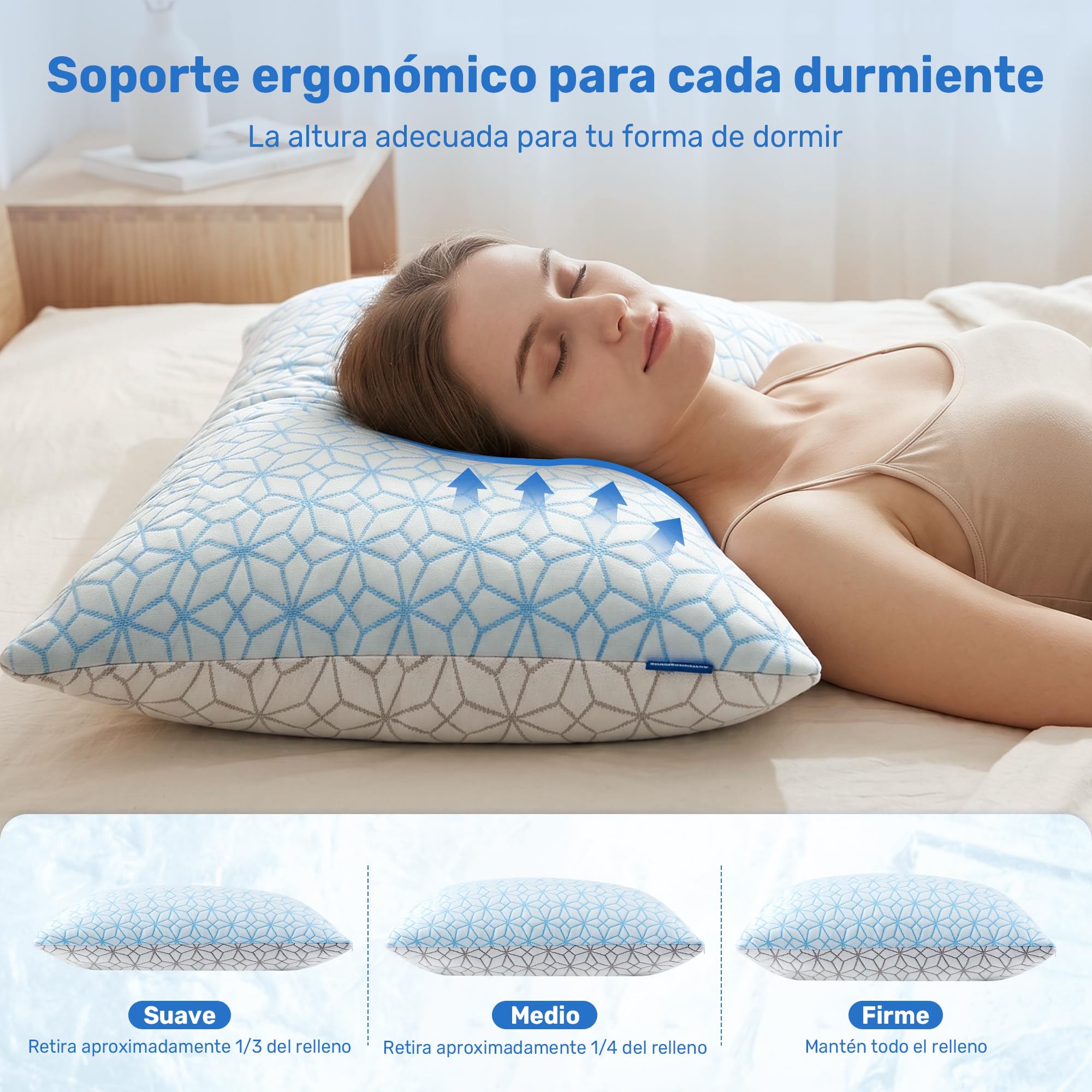 UNIKOME Almohada de refrigeración para sudores nocturnos, espuma viscoelástica ajustable en forma de rayas (gel, transpirable) para soporte cervical | lavable a máquina | 40 x 80 cm azul, 2 unidades