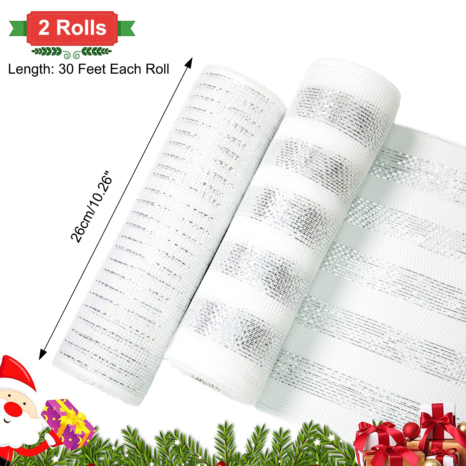 2 Rolls Decor Mesh Poly Ribbons 10 Inch x 30 Feet Each Roll Metallic Foil Mesh Ribbon Christmas Tree Decorative Mesh Silver and White Rolls for Xmas Wreaths,Swags and Home Decorating - Image 2