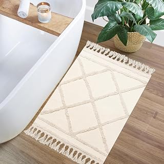 Teppich Läufer Flur, Boho Beige Getuftet Baumwollteppich mit Gewebt Quasten, Waschbarer Teppich für Badezimmer Küche Wohnzimmer Schlafzimmer Flur Esszimmer (Beige, 90 x 60 cm (Rechteckig))