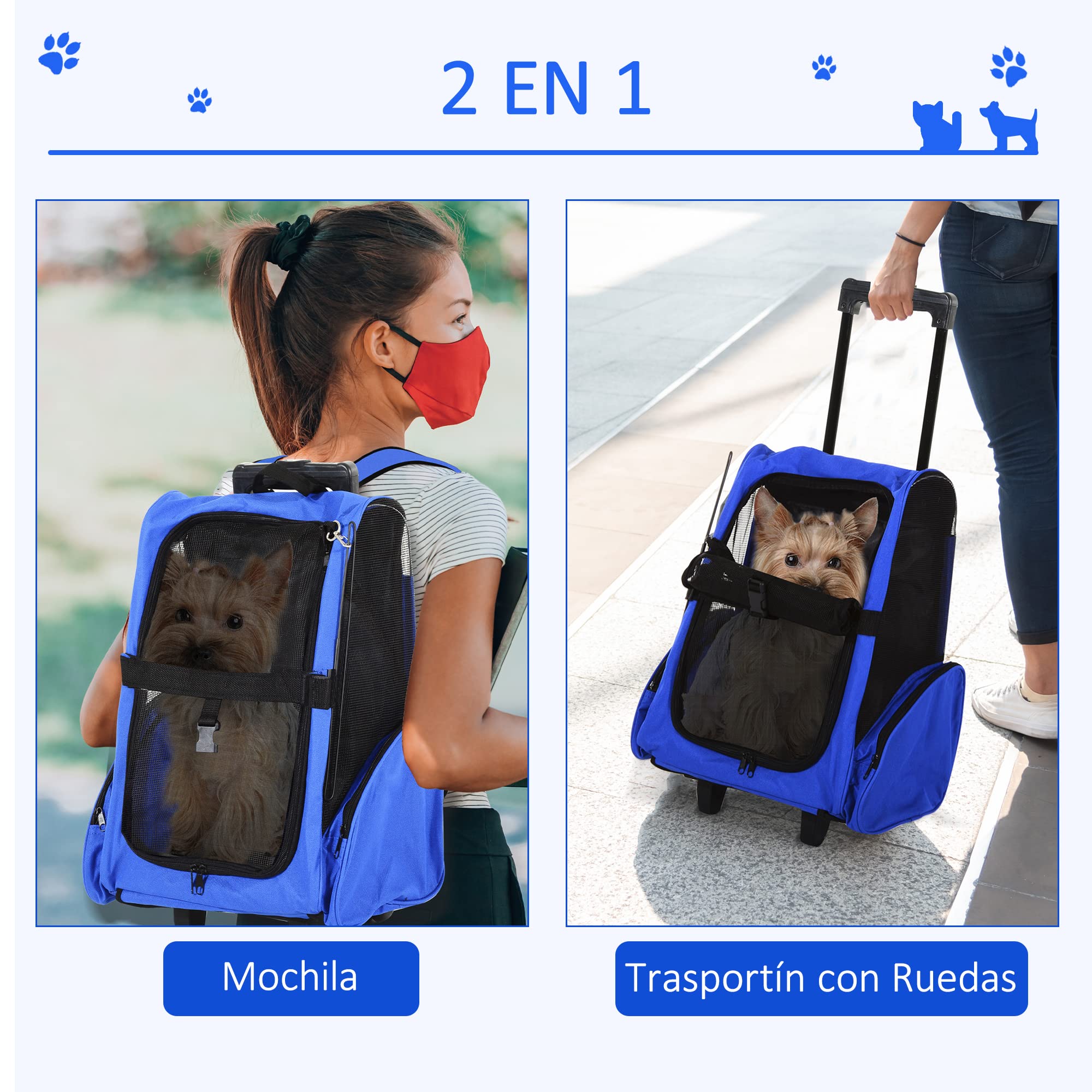 PawHut Transportín 2 en 1 para Mascotas Mochila o Carrito de Viaje para Perro y Gato con Ruedas con Asa retráctil y Bolsillos 42x25x55 cm Azul