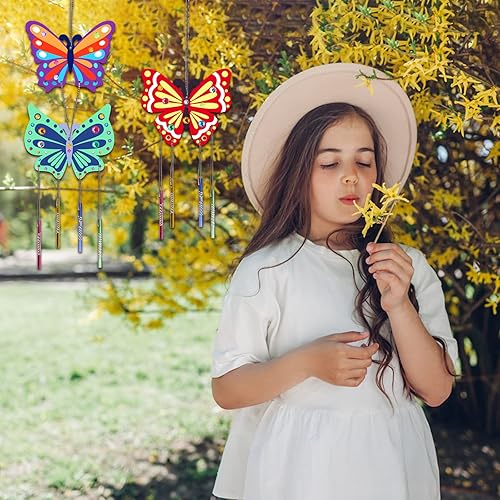 Miniatura 4 de Fennoral Paquete de 8 carillones de viento de mariposa para niños, haz tu propio carillón de viento de mariposa, artes y manualidades de madera para