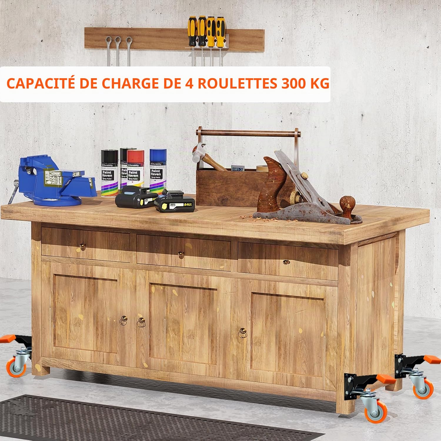 Lot de 4 Roulette Charge Lourde, 65 mm Roulettes pour Meubles, Roulettes Pivotantes Capacité de 300kg, Roulettes de Transport avec Fonction de Levage et d'abaissement pour Établis, Chariots