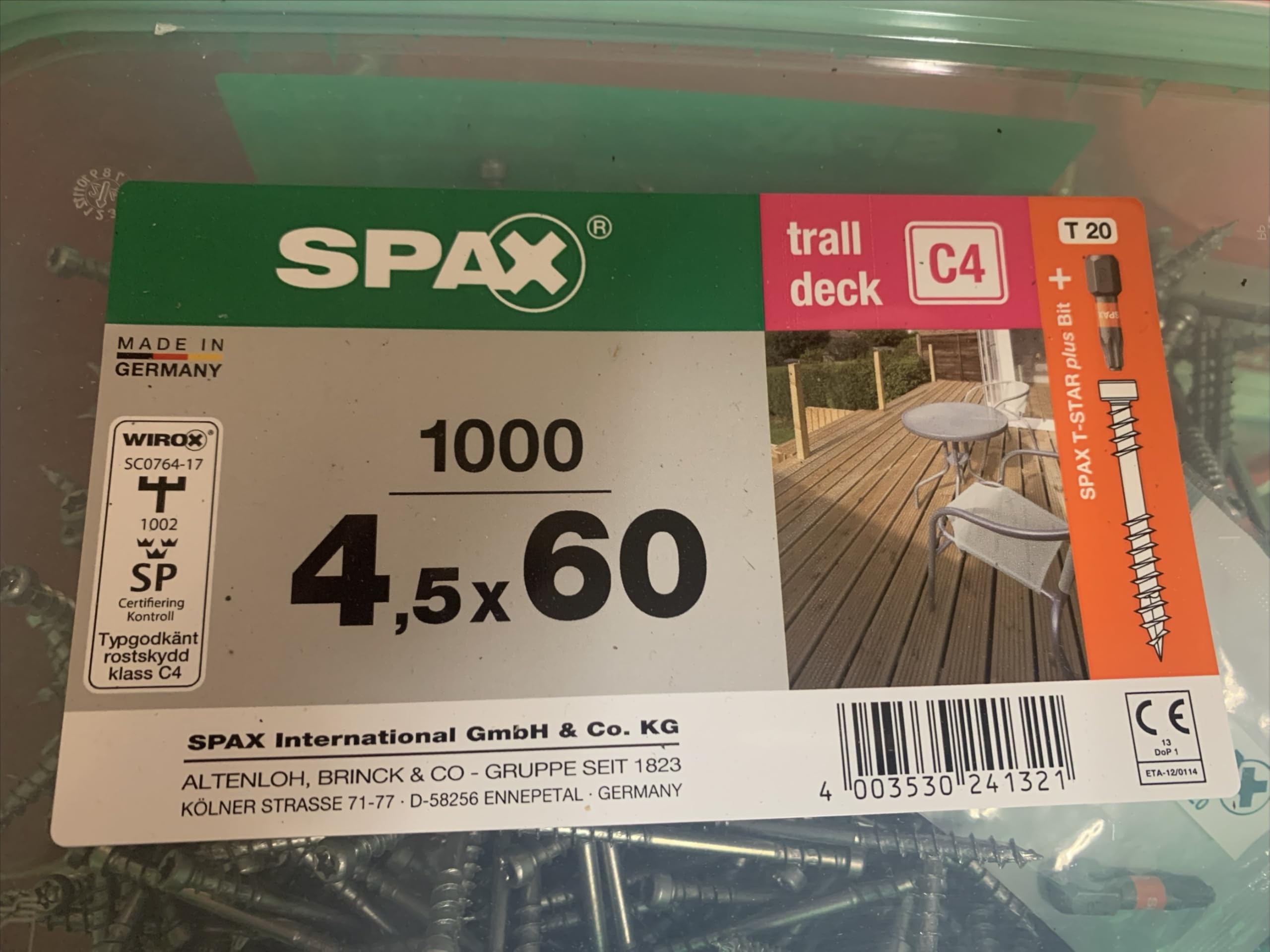 SPAX Terrassenschraube Bonus Set, 4,5 x 60 mm, 1000 Stück, WIROX C4, Zylinderkopf, T-STAR plus T20, CUT-Spitze