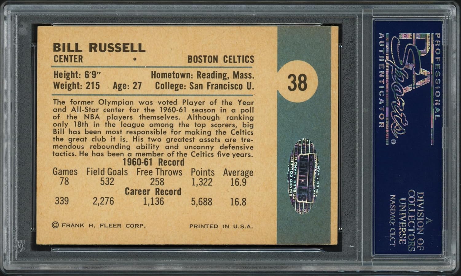 Bill Russell Autographed 1961-62 Fleer Basketball Card #38 Boston C.e.l.t.i.c.s Auto Grade Gem Mint 10 PSA/DNA #83580633