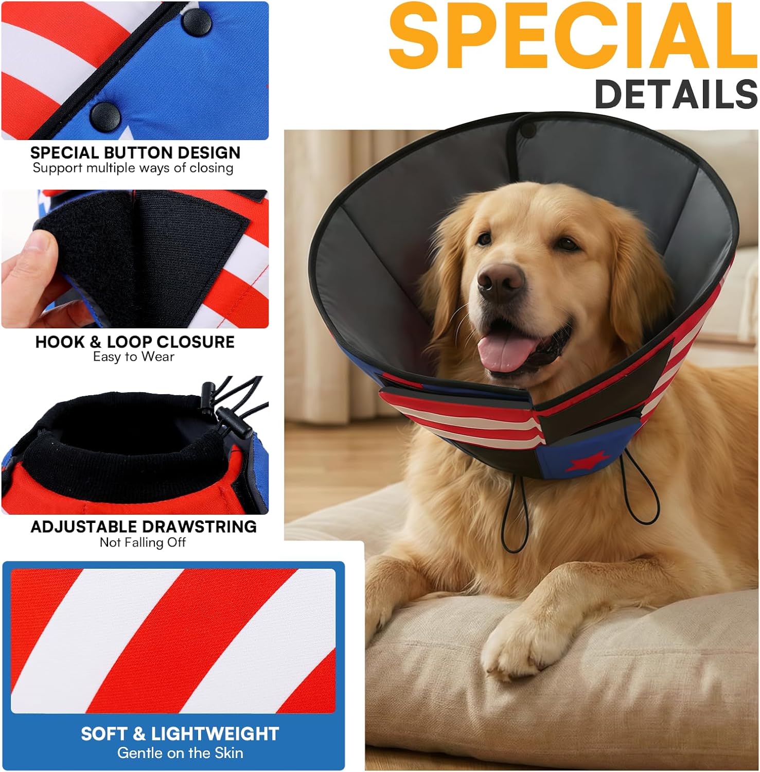 Queenmore XL Dog Cone, Soft Dog Cones for Large Dogs After Surgery, Cone for Dogs to Stop Licking, Pet Elizabethan Collar, Alternative to Recovery Collar for Pets, USAFlag XL
