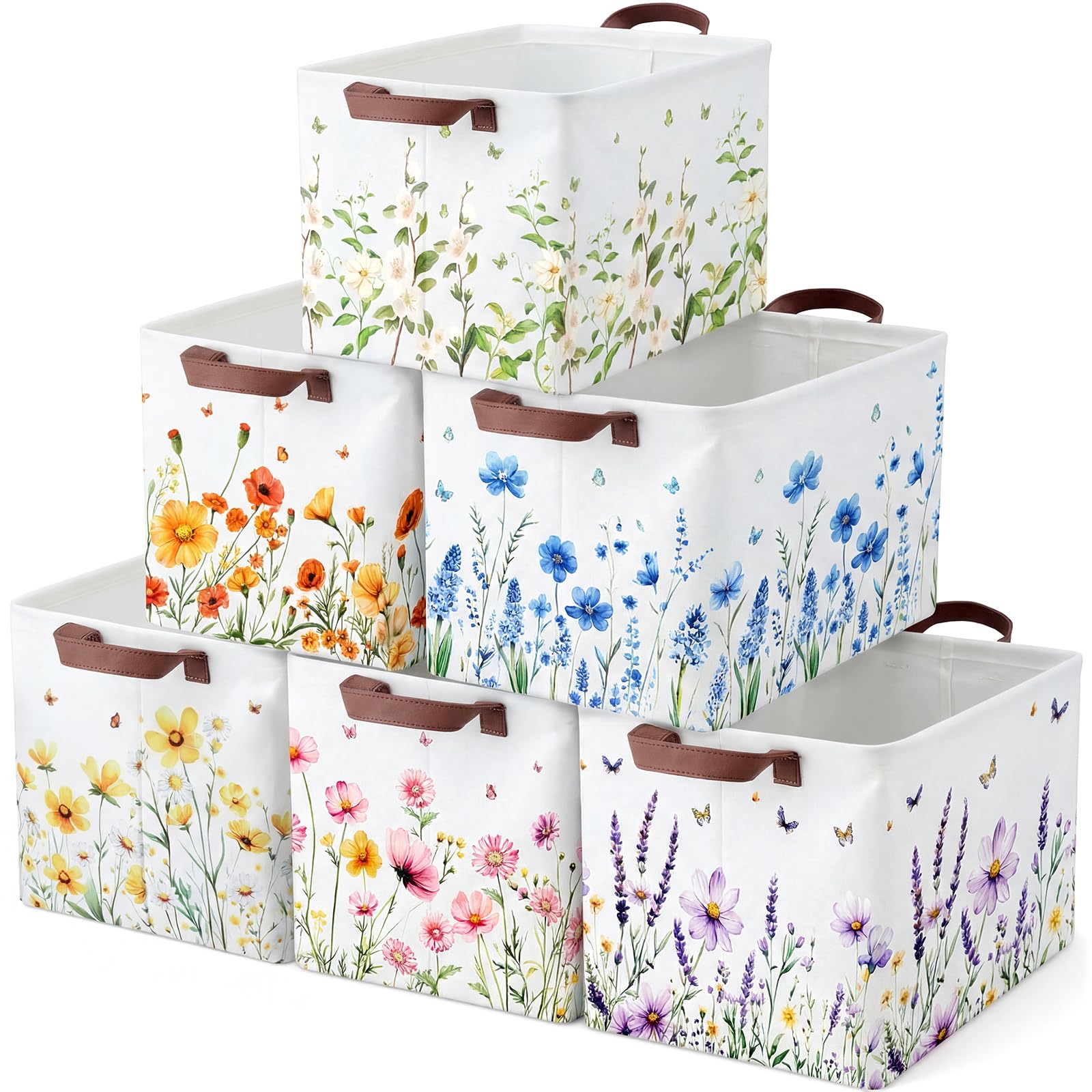 Fourluoo 6 Pack Large Floral Storage Basket with Handles Foldable
