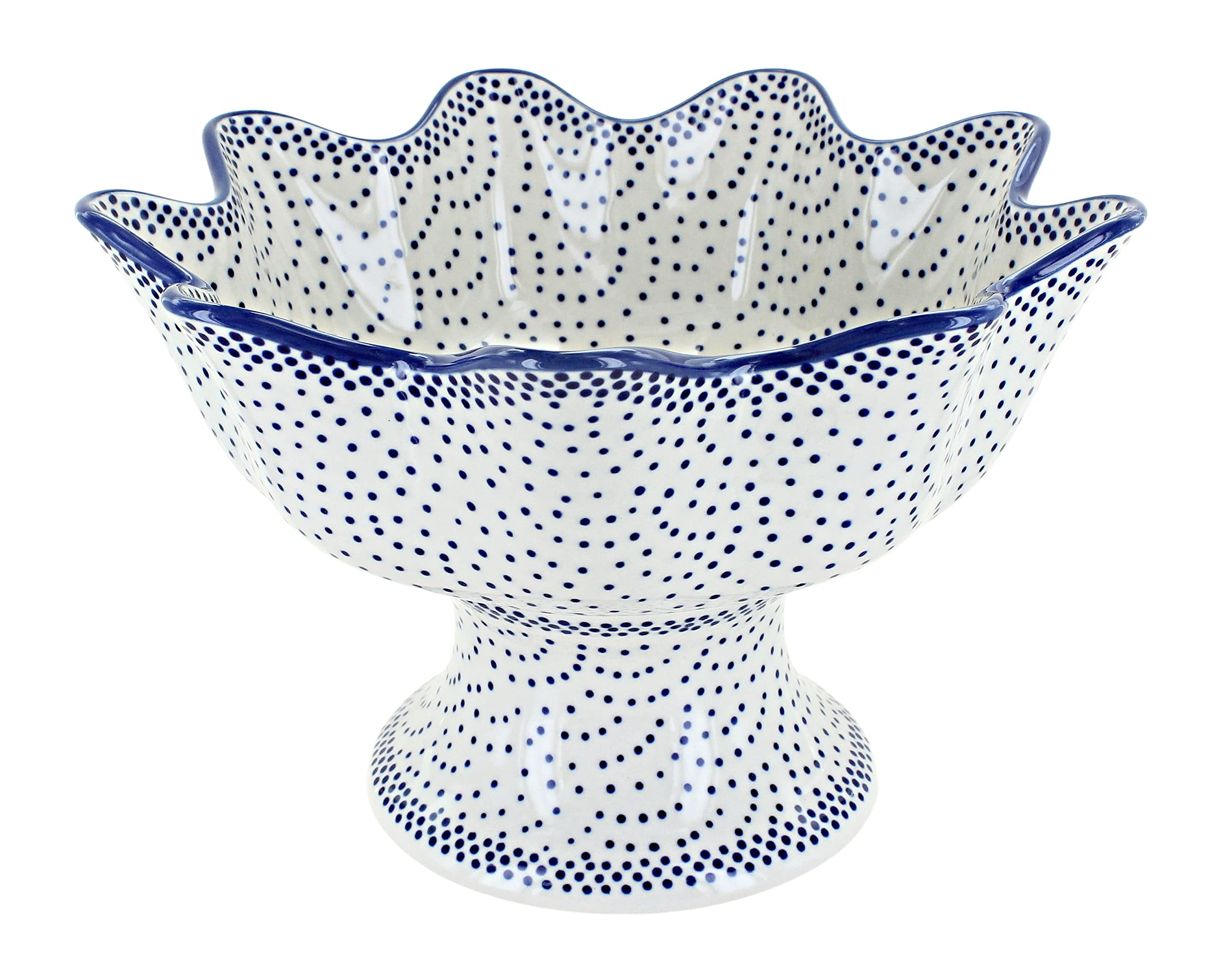 Blue Rose Polish Pottery - Blue Small Dots Pedestal Fruit Bowl - 6" Tall - Perfect for Bread, Fruit, Snacks or Table Centerpiece