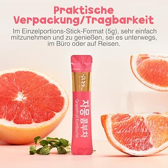 Grapefruit Kombucha Powder Drink - 150 g (30 Sticks) Low-Calory Sugar-free Diet Drink With Hibiscus Probiotics & Vitamin C Refreshing Sparkling & Vegan