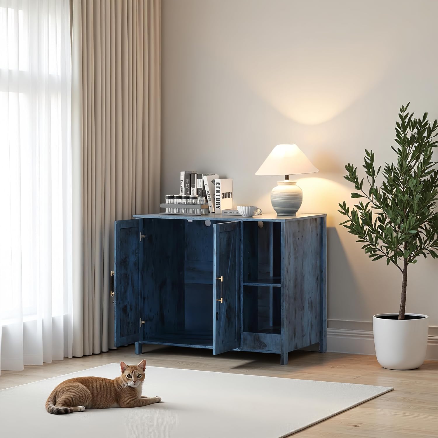 Large Wooden Cat Litter Enclosure, Compatible with Self-Cleaning Litter Boxes, Dog-Proof Adjustable Shelf, Power Socket & Wooden Cat House (Blue)
