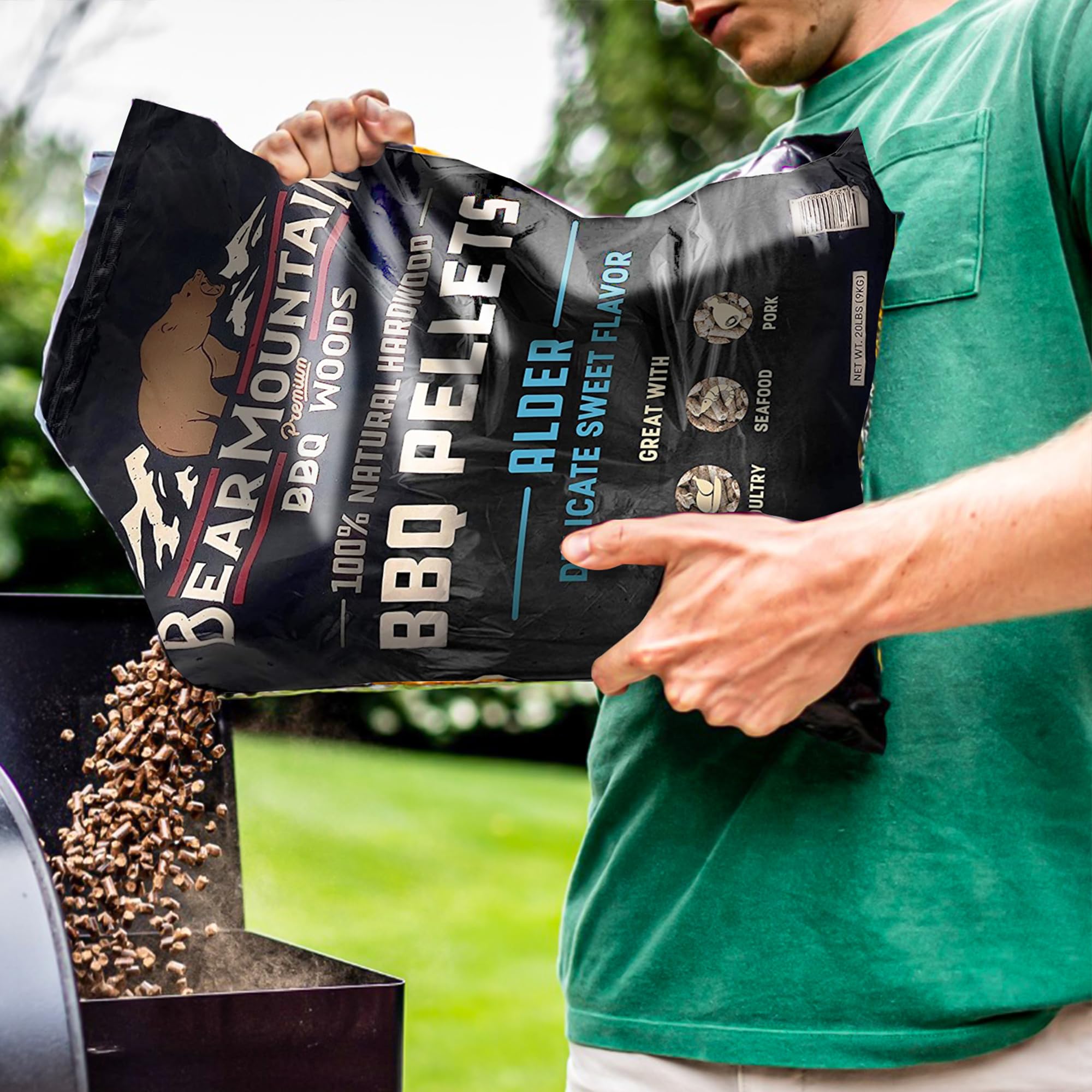 Bear Mountain Premium BBQ Woods Pellety, 100% całkowicie naturalne granulki z twardego drewna, do wędzarni i granulatów, grilla, pieczenia, pieczenia i grillowania, 9 kg, 1 opakowanie