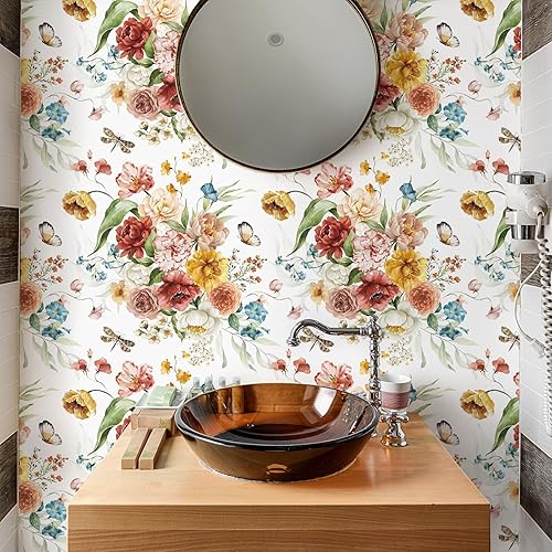 Miniatura 5 de VaryPaper Papel tapiz floral vintage para pegar y despegar y despegar Petunia Butterfly Peony Wallpaper 17.7 x 78.7 pulgadas, autoadhesivo,