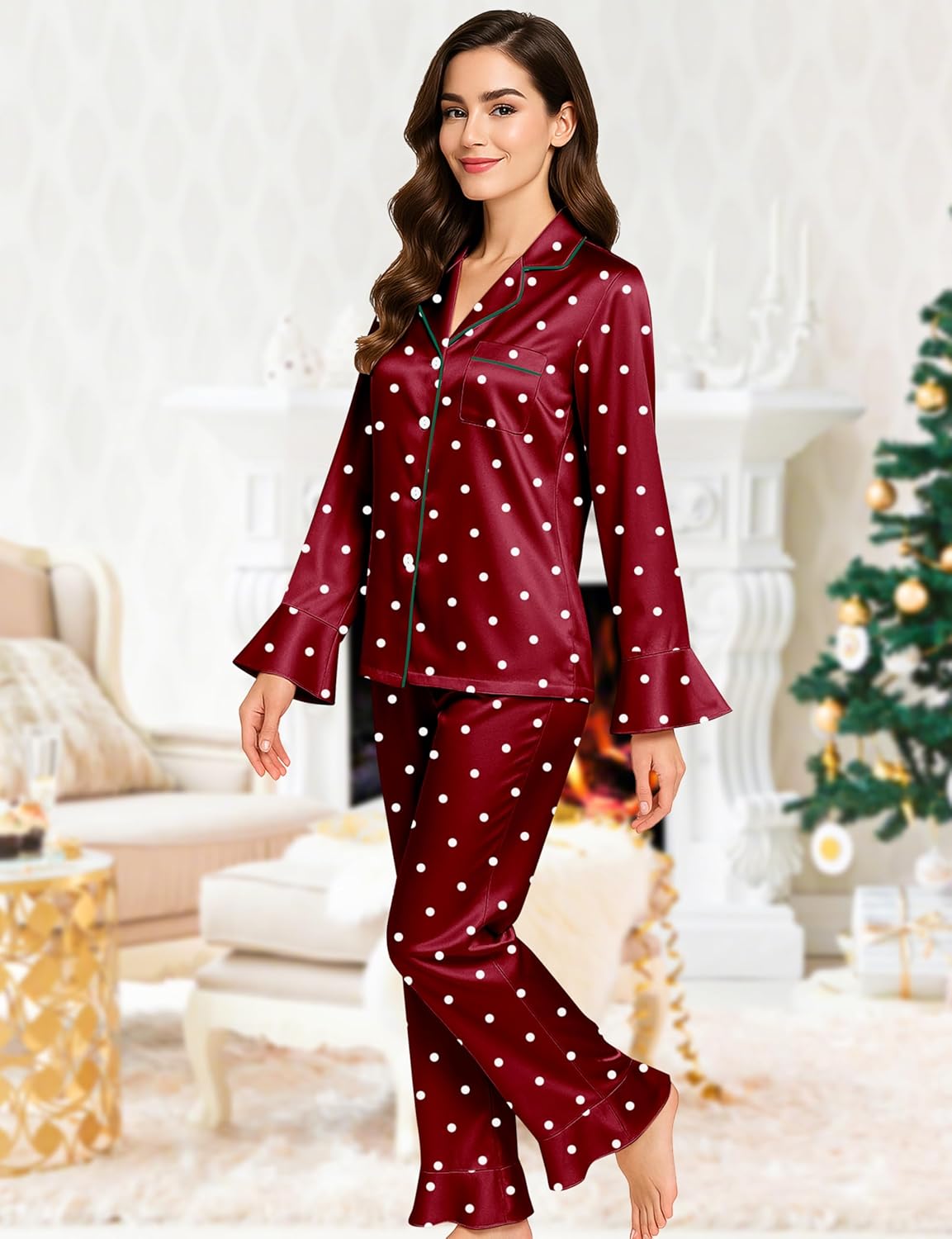 EPLAZA Silk Pajamas for Women Satin Pajamas Set 5 Pcs Long Sleeve Ruffle Button Down Pjs Sleepwear Loungewear Set - Image 5