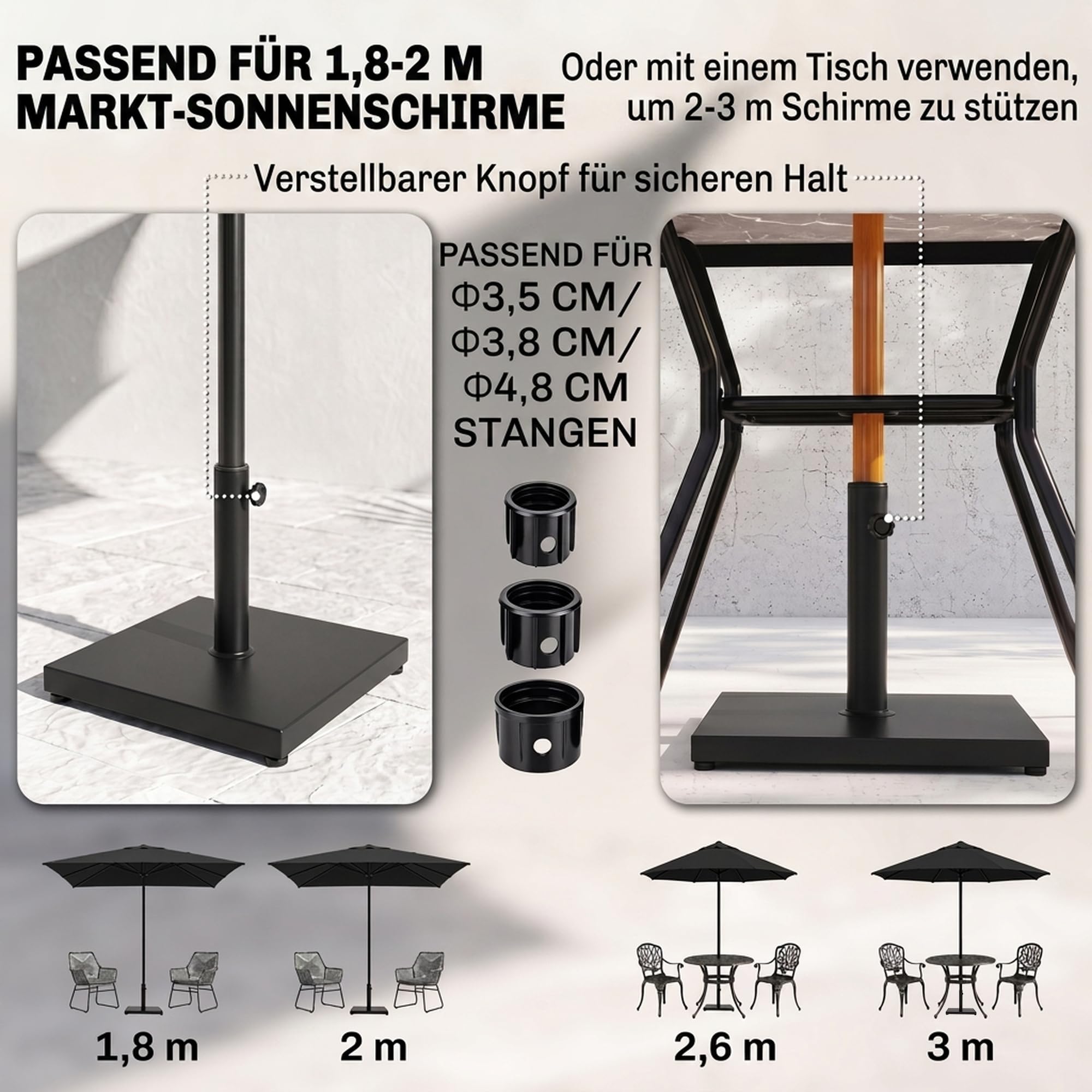 Outsunny Pied de parasol, porte-parapluie, base de parasol, pour Ø35 mm, Ø38 mm, Ø48 mm, métal, noir, 45 x 45 x 39 cm