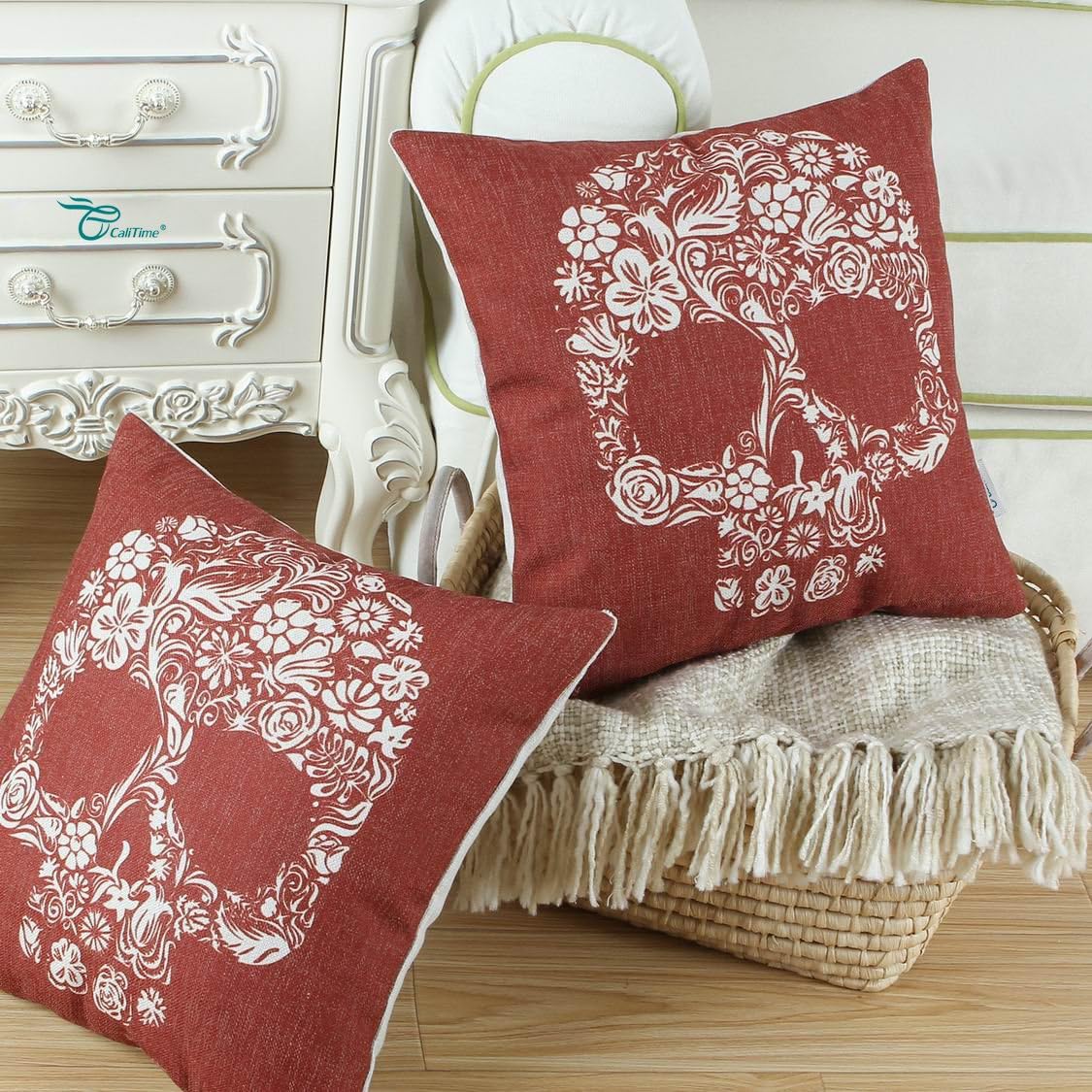 CaliTime Canvas Throw Pillow Case Shell for Couch Bed Home Decoration Halloween Floral Skull 18 X 18 Inches Dark Red
