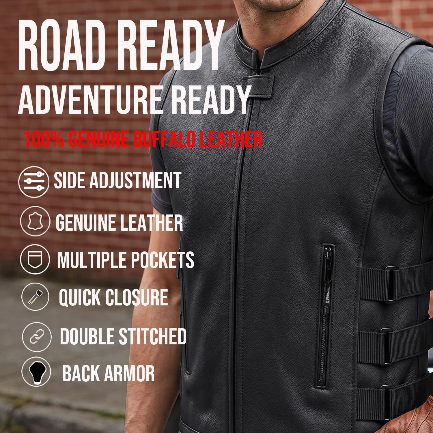 Jackets 4 Bikes Chaleco de piel ajustable para hombre con diseño de motocicleta, color negro