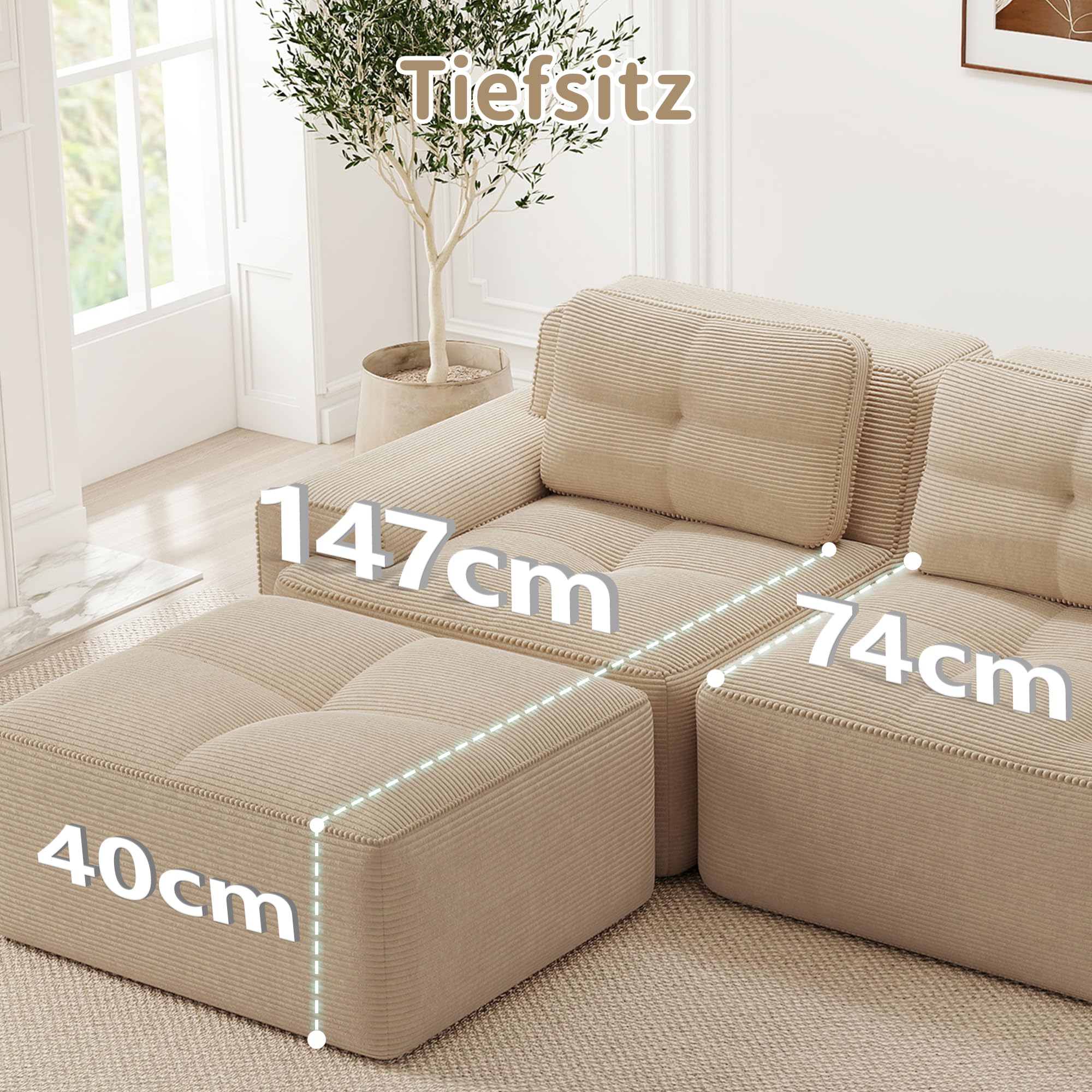 U förmiges Modulsofa 2 Sitzer mit Ottoman, Cord, Tiefsitz, Beige