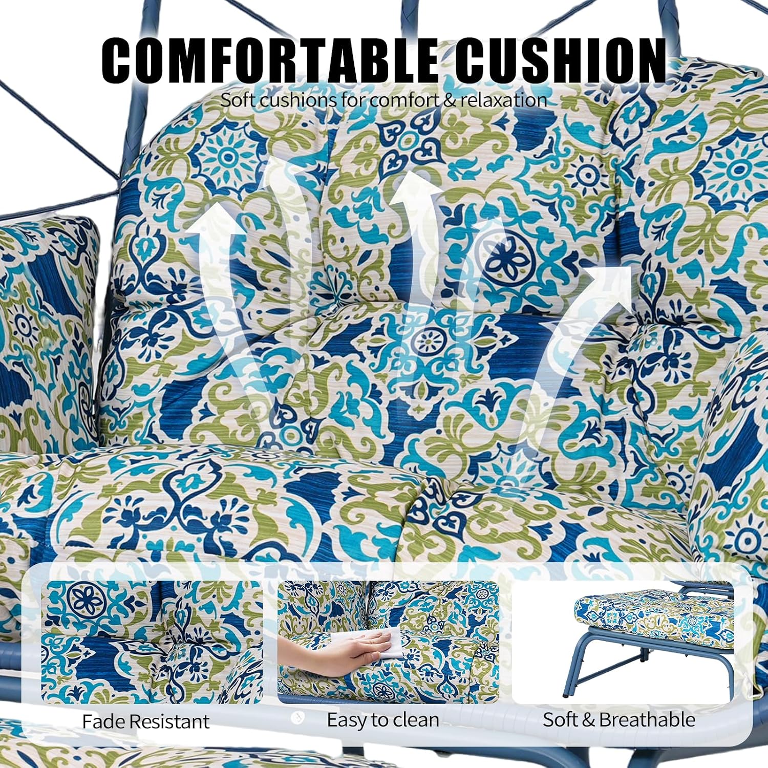 Double Patio Egg Chair with Ottoman, 2 Person Wicker Lounge Chair with Cushion, Outdoor Stationary Oversized Egg Chair for Balcony, Garden, Backyard (Blue Frame Patterned Cushion)