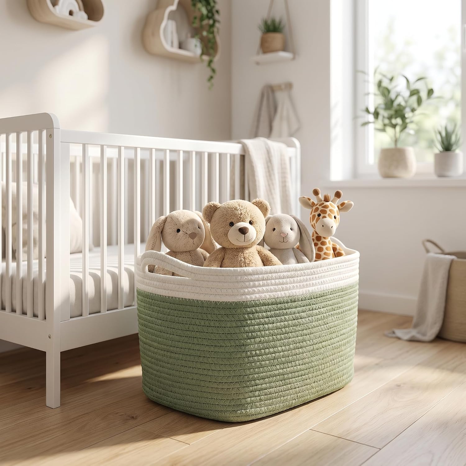 Large Capacity Cotton Rope Storage Basket with 6 Coasters, Woven Organizer for Bedroom Clothes, Kids Toys, Laundry, and Living Room Sundries (White/Green)