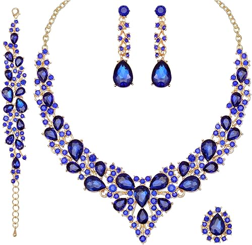 Conjunto de joyería de 4 piezas de cristal austríaco que incluye aretes, brazalete y collar, ideales como accesorios de novia, para fiestas, para