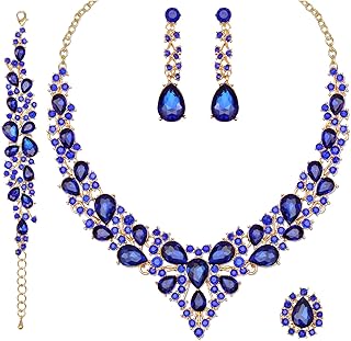 4 Pcs/Set Austrian Crystal Necklace Earrings Bracelet Ring Bridal Jewelry Sets for Brides Wedding Party Costume Accessories Gifts for Women