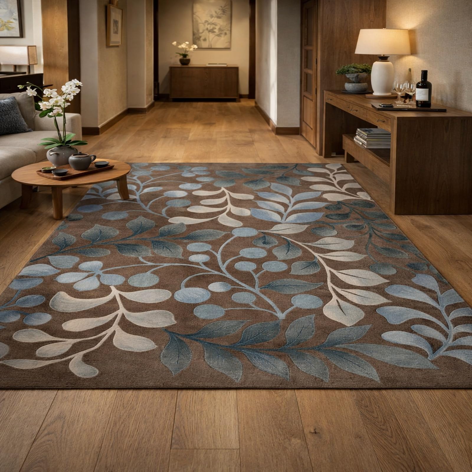 Tapis de salon poil ras marron floral 180x270cm pour grand bureau