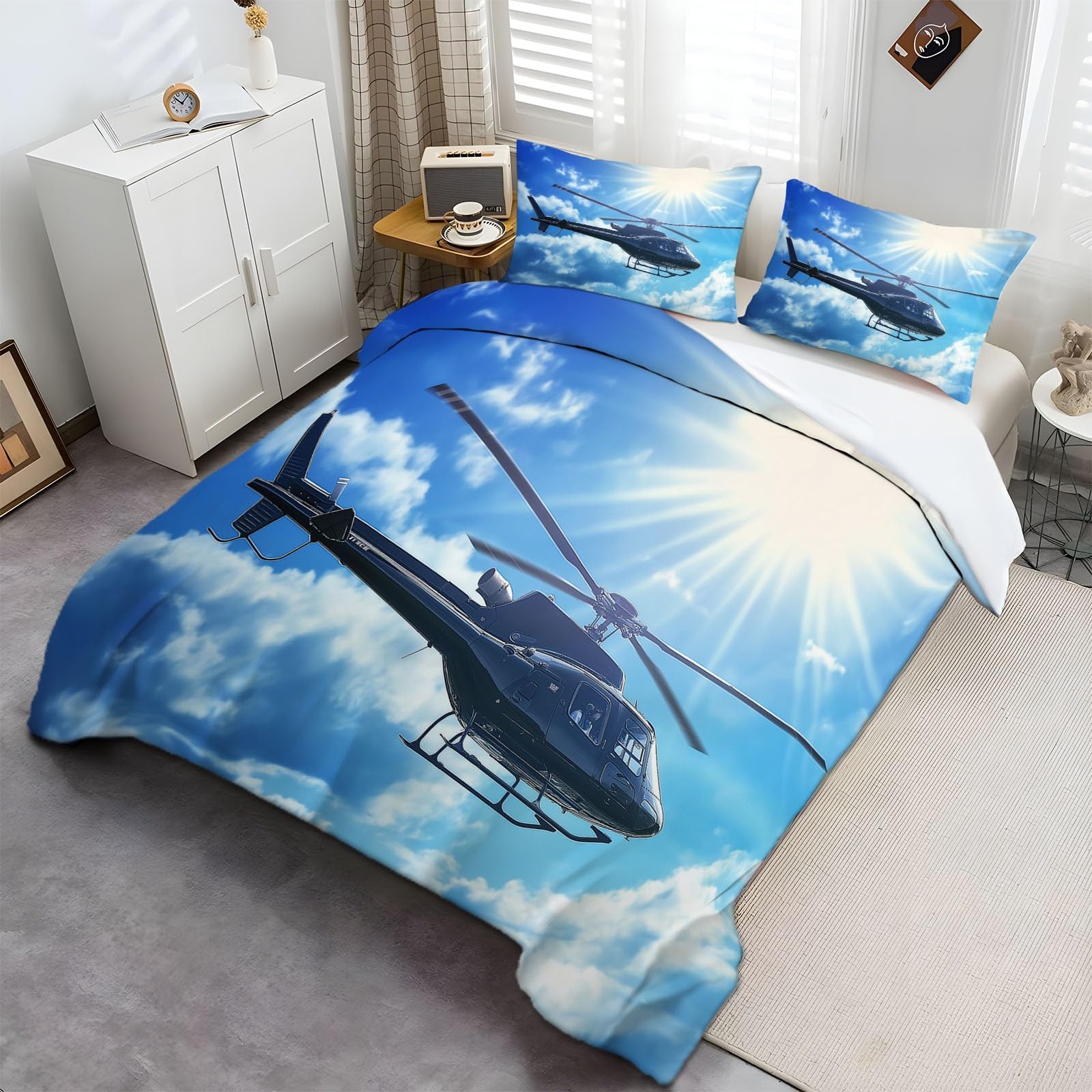 Zestaw poszewek na kołdrę w rozmiarze king size, 221 x 229 cm, helikoptery żeglarskie, mikrofibra, hipoalergiczna pościel z poszewką na poduszkę, fotografia surrealizmu, 3-częściowy