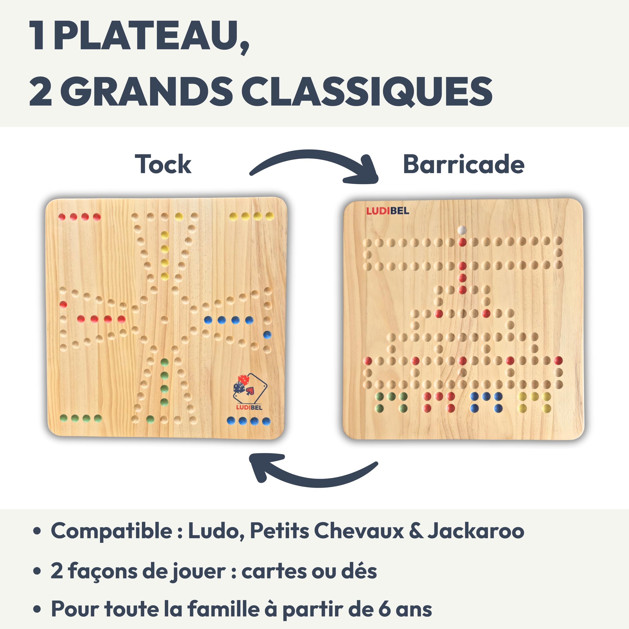 Jeu de Tock & Barricade en Bois - Plateau Réversible XL 40x40 cm – Jeu de société 4 Joueurs – Compatible Petits Chevaux, Ludo & Jackaroo – Cartes, Billes, Dés Inclus