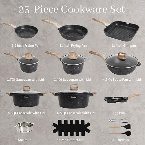 Miniatura 2 de Juego de ollas y sartenes antiadherentes de 23 piezas, juego de utensilios de cocina de granito, sin PFOA, incluye sartenes, cacerolas, plancha,