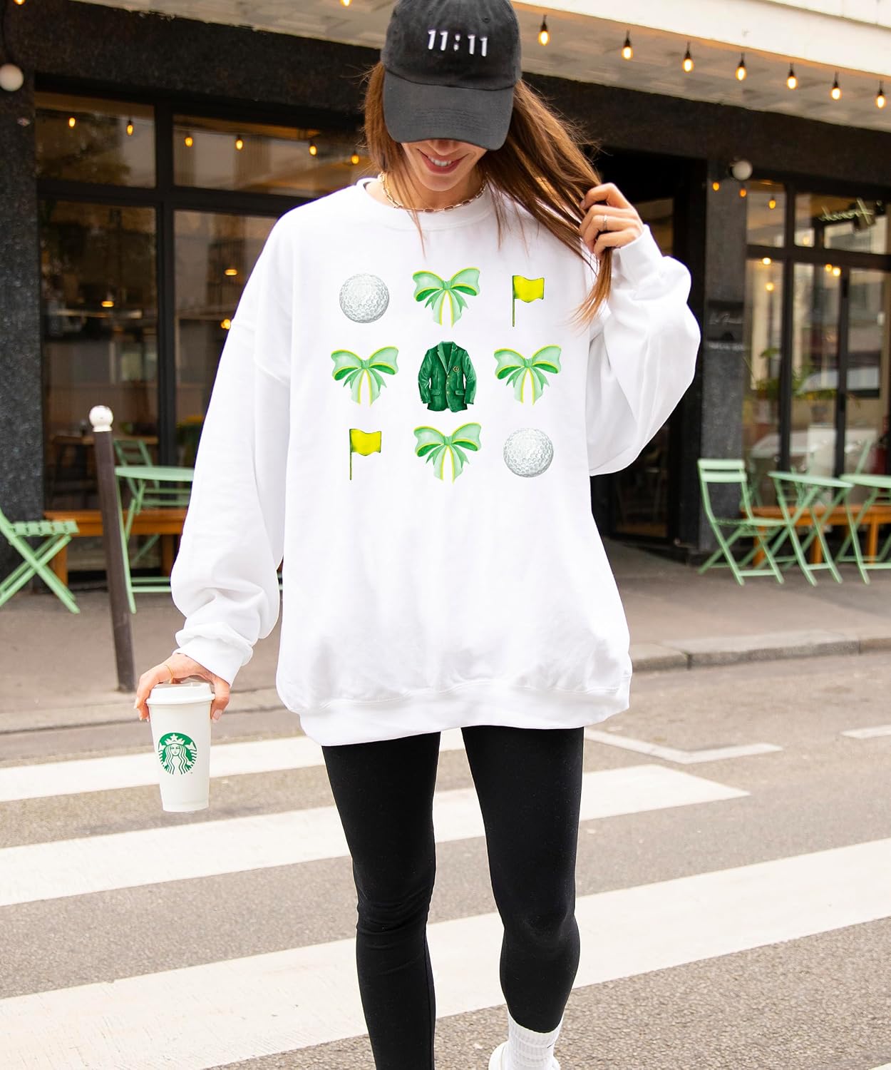 Olive Loves Apple Golf Tournament Sweatshirt for Women & Teens Green Bows and Golf Balls Pullover